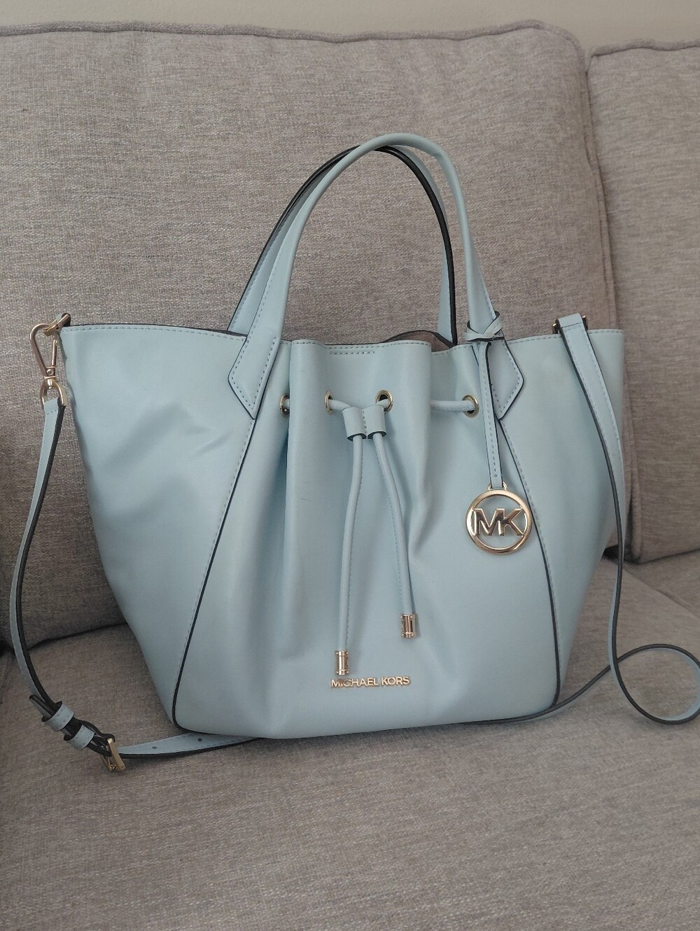 Michael Kors Light Blue Leather Drawstring Tote with Gold Hardware
